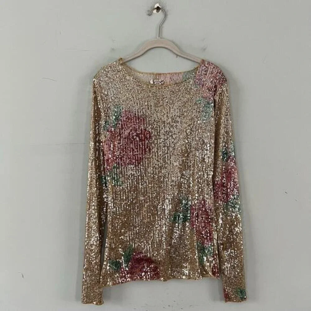 NWT Free People Intimately Gold Rush Champagne Combo Printed‎ Sequin Long Sleeve